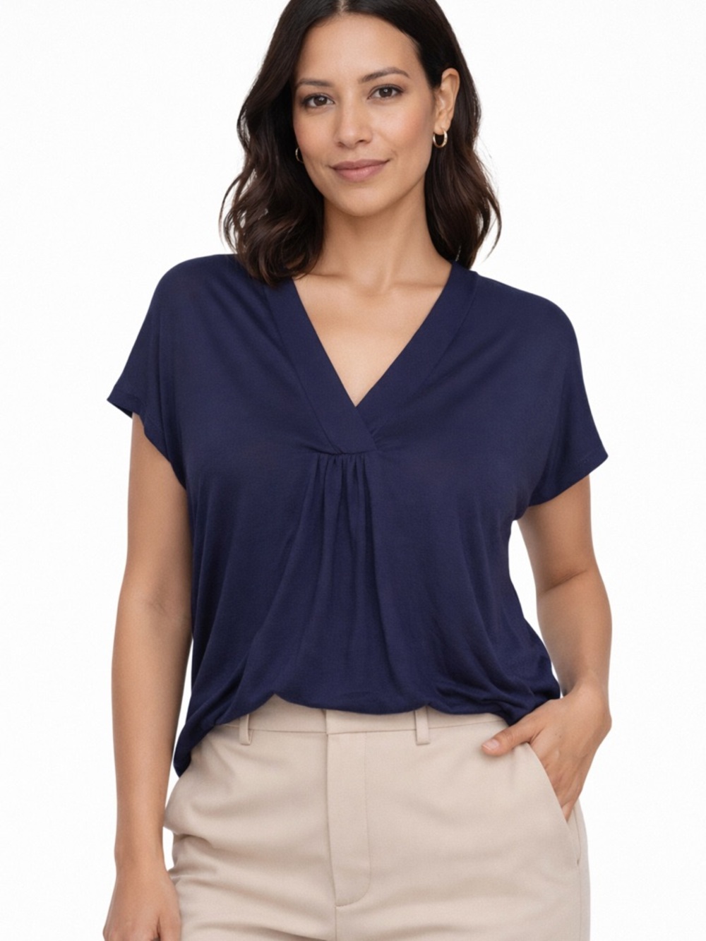 Pleione Navy V Neck Blouse Size L NWT Short Sleeve Flowy Top